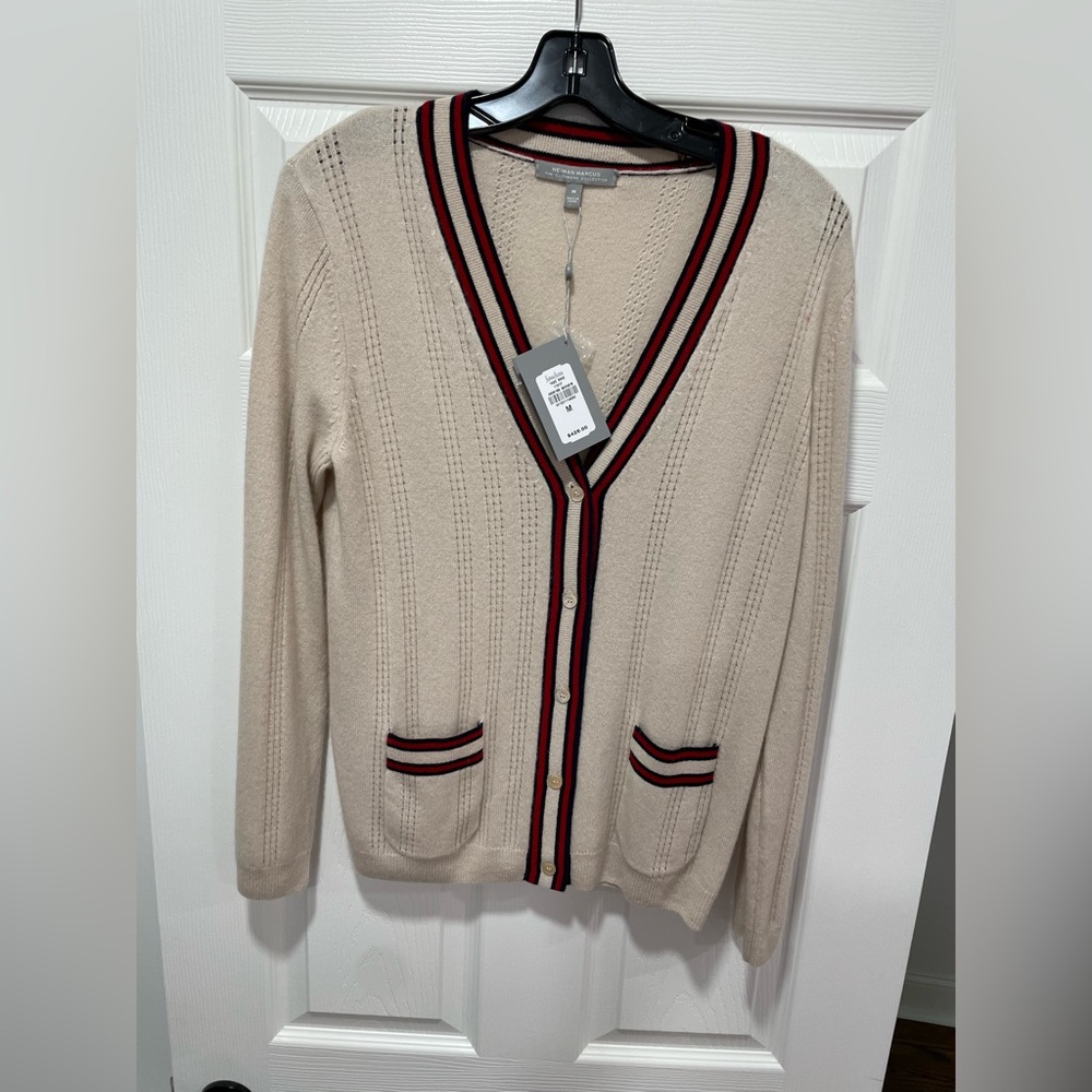 Neiman Marcus Striped Pointelle Cashmere Cardigan
